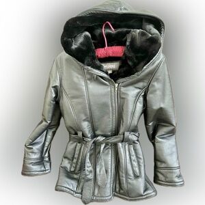 Girls Kids Wilson’s Leather & Fur Black Jacket Coat XL Matching Black Fur Hat